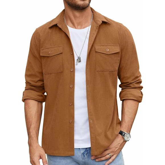 Men's Light Brown Button Down Waffle Shirt Jacket Casual Long Sleeve Shacket